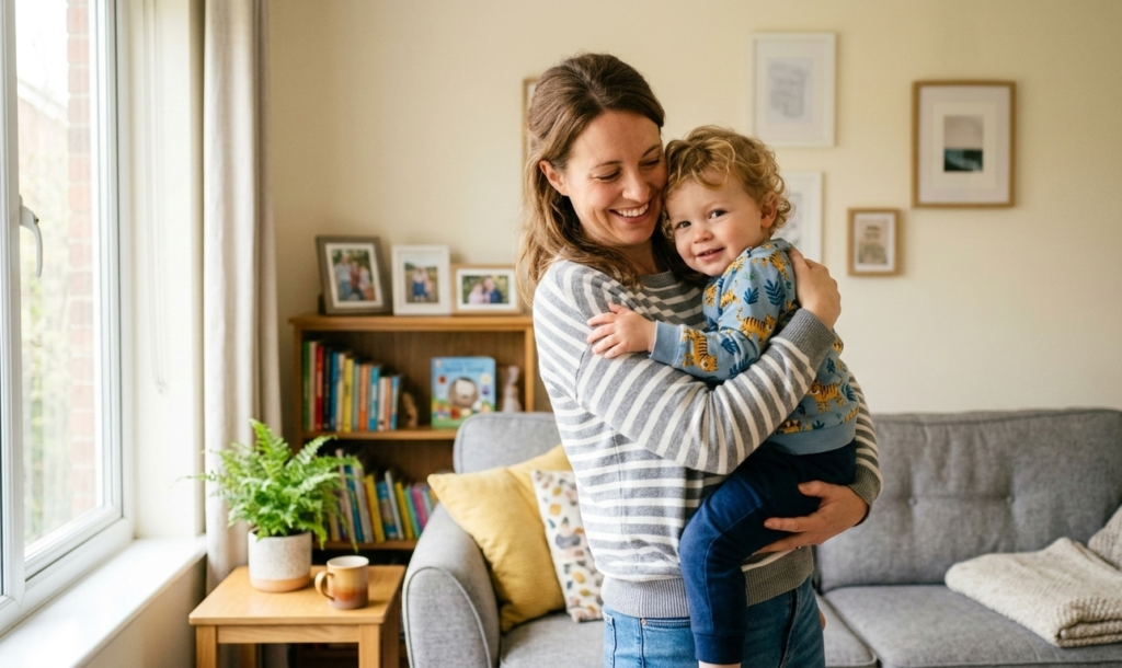 parent holding toddler during daily routine