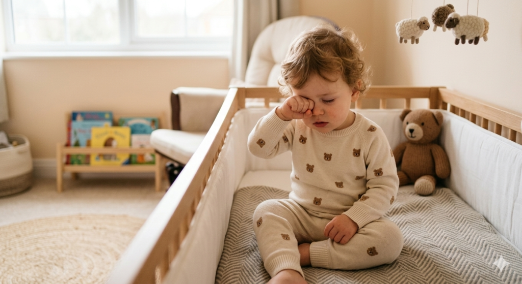 baby rubbing eyes while lying on back