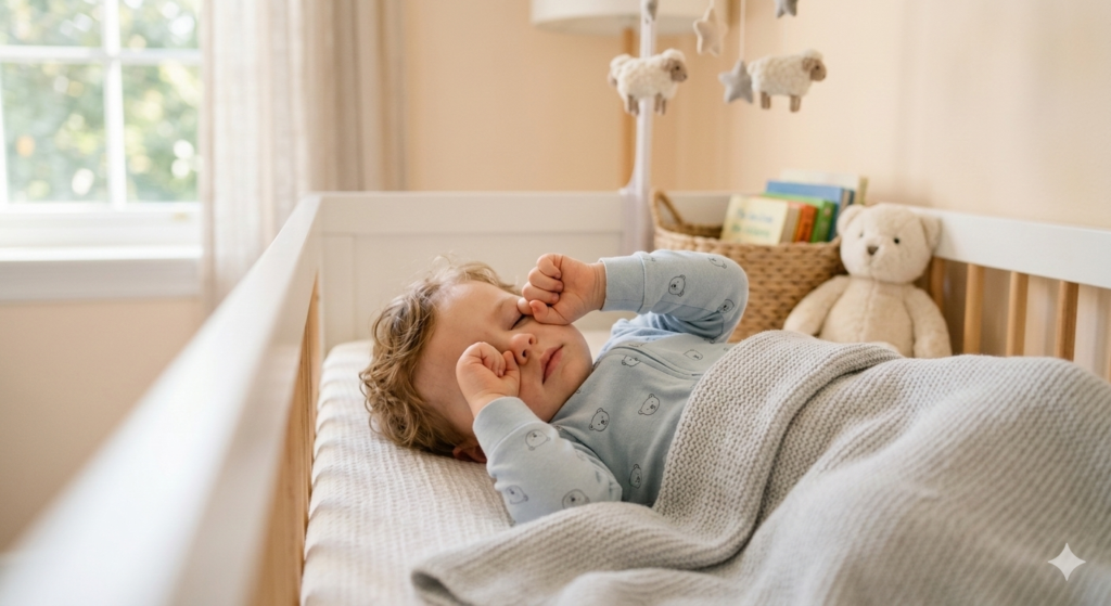 baby showing tired signs rubbing eyes