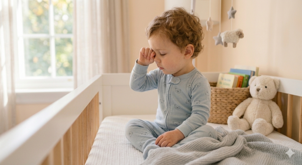 baby rubbing eyes while lying on back