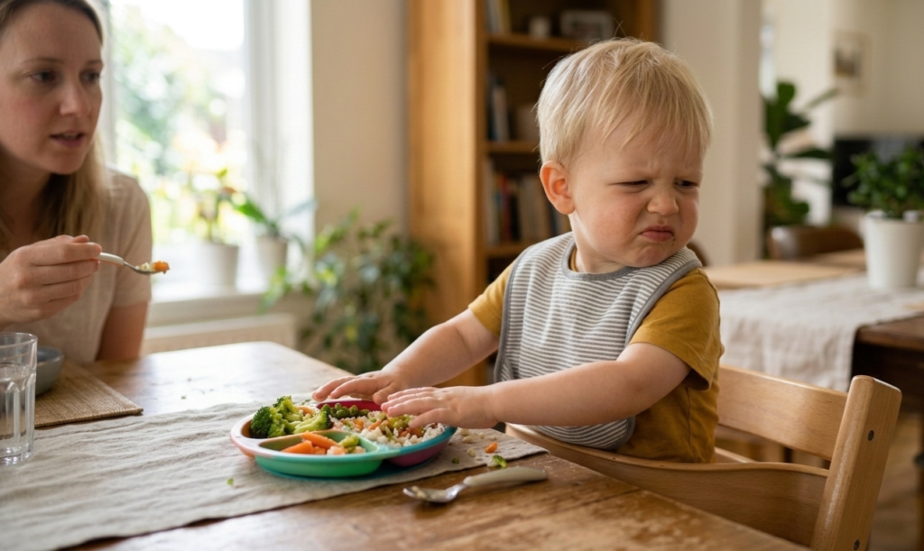 toddler making a face while refusing vegetables
