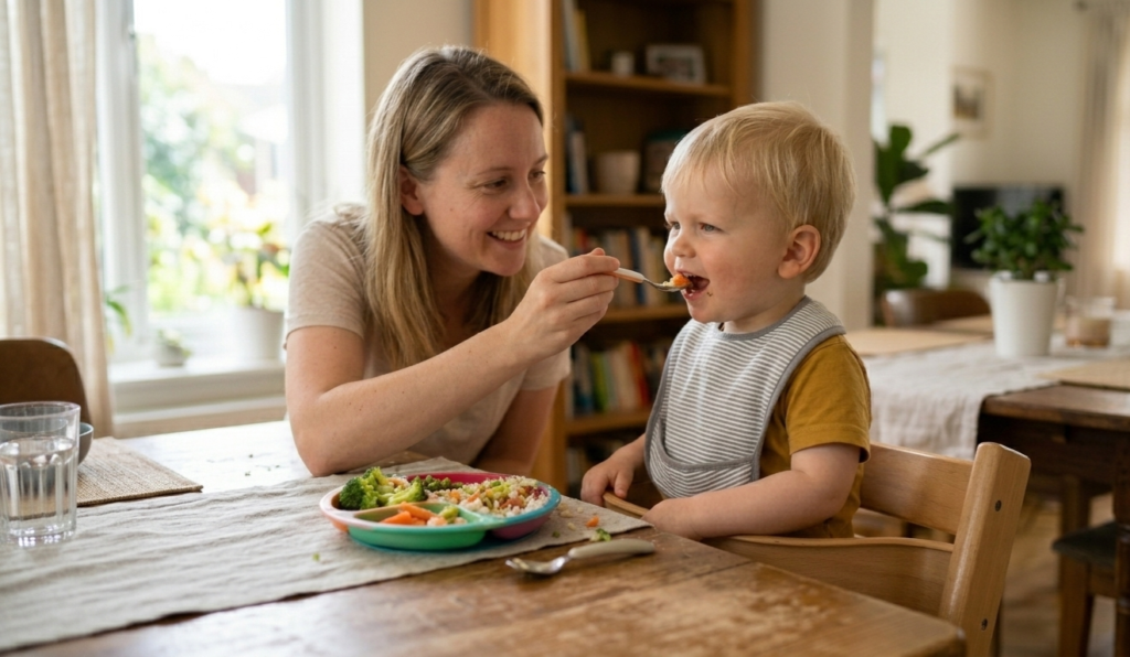 parent patiently feeding toddler during mealtime