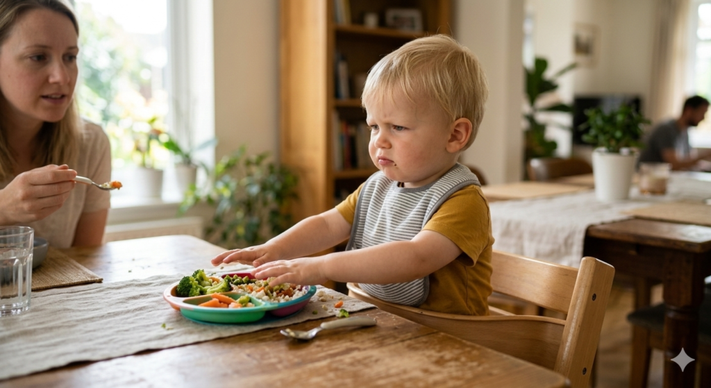 toddler refusing food while sitting at dinner table